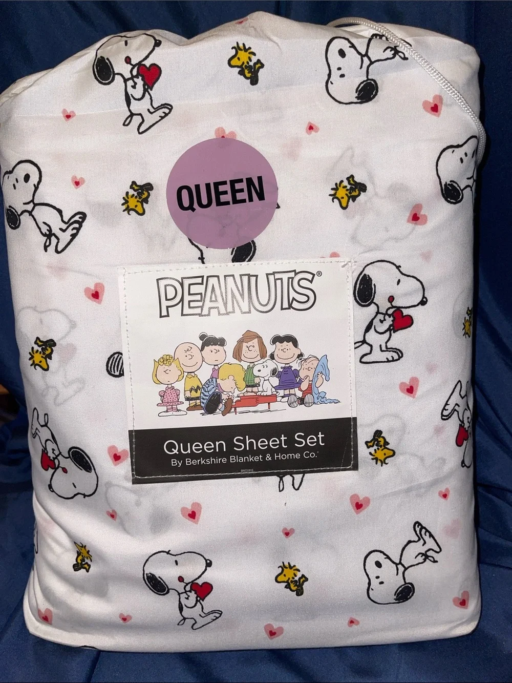 Peanuts Queen Sheet Set in White with Pink Hearts and Yellow Woodstock Accents